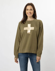 S+G Olive gold glitter cross sweater